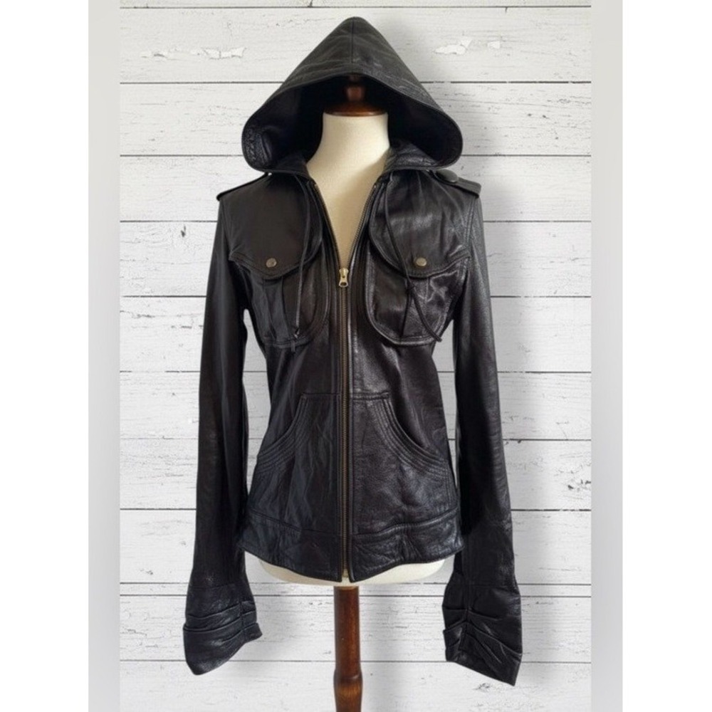 Mike & Chris Black Leather Hooded Moto Grunge Jacket Edgy Biker Style Size M